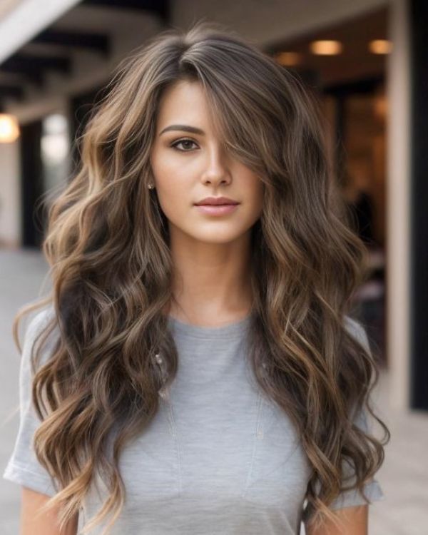 Long Curly Hair with Side Part