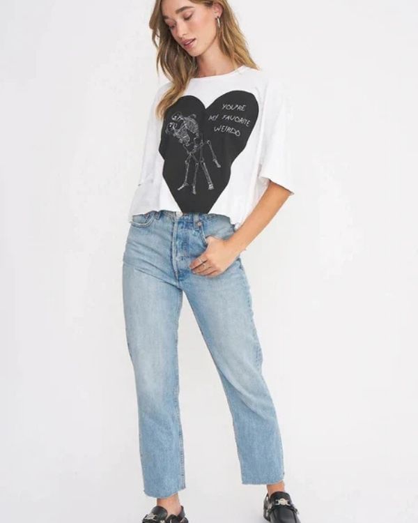 White oversized t shirt with Blue Jeans